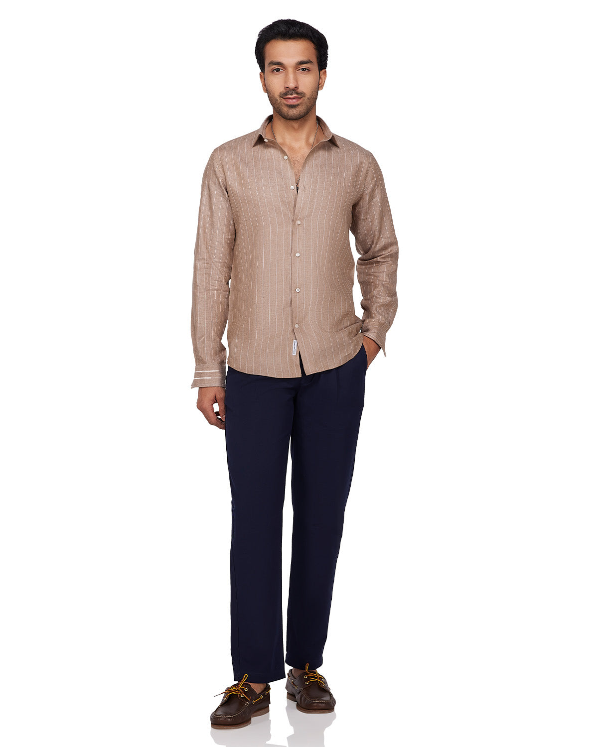 100% Linen Striped Shirt - Brown & White