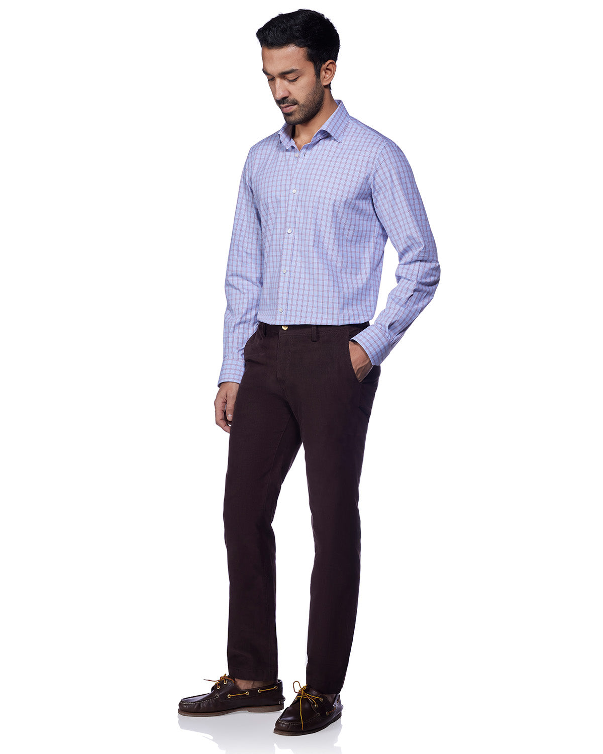 4-Way Stretch Cotton Checked Shirt - Blue & Brown