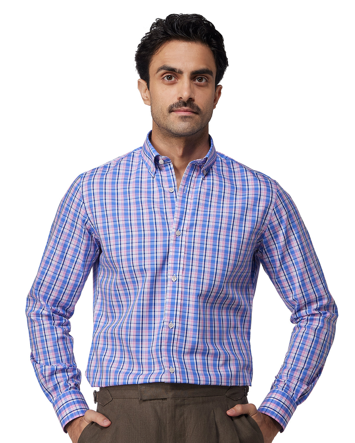 Easy-Care Cotton Checked Shirt - Navy & Pink