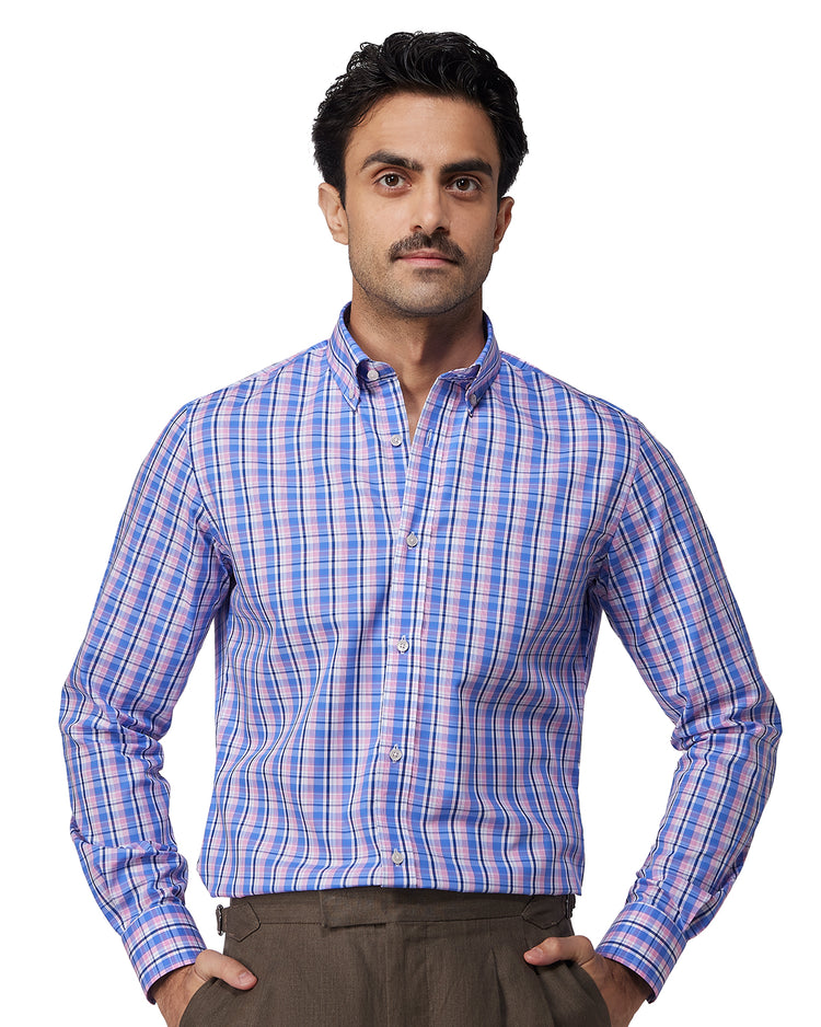 Easy-Care Cotton Checked Shirt - Navy & Pink