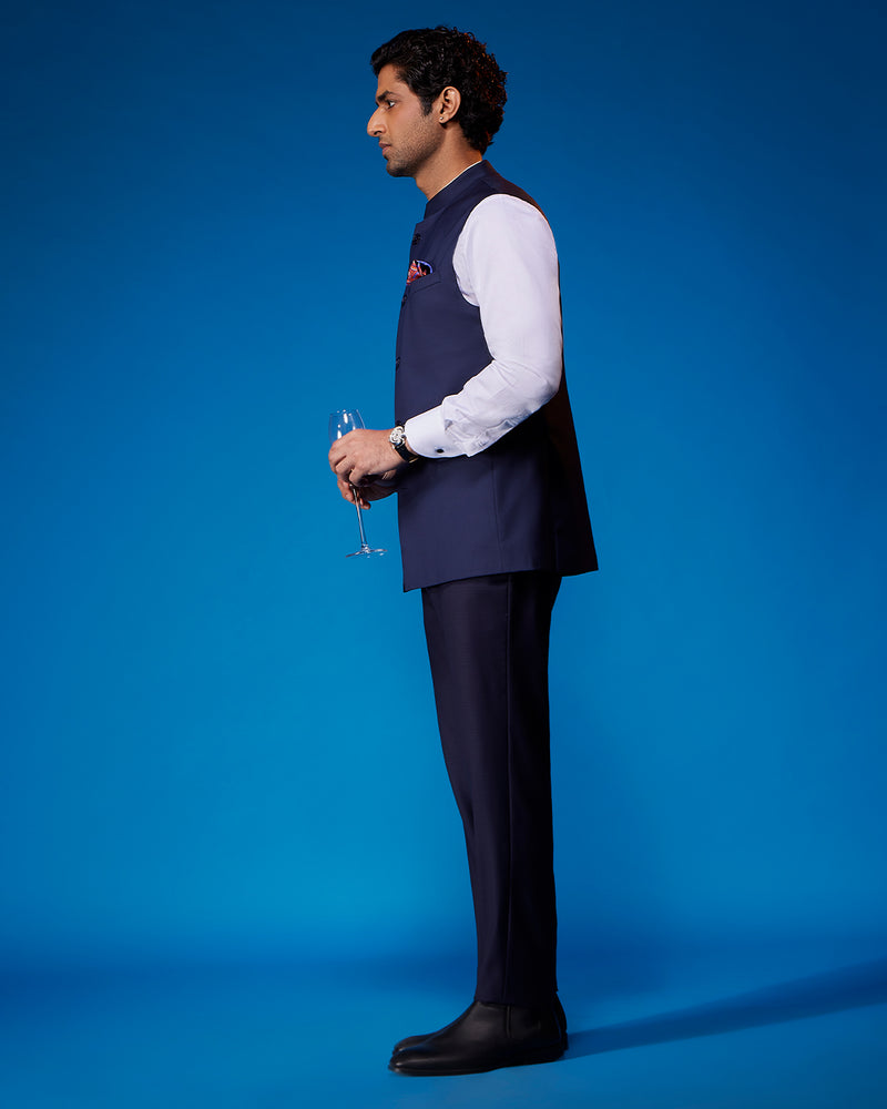 The Valoria Blended Wool Nehru Jacket - Navy
