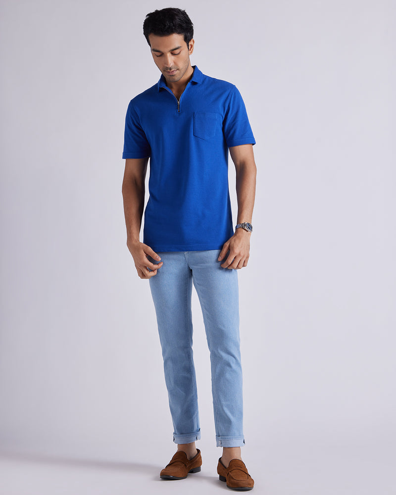 Blue Polo Shirt With Blue Jeans Signature Zipper Polo T-Shirt