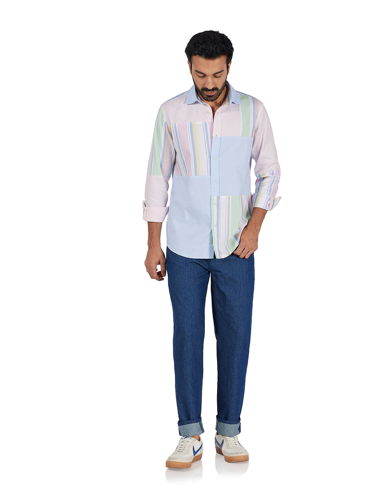 Blue Oxford Striped Patchwork Shirt