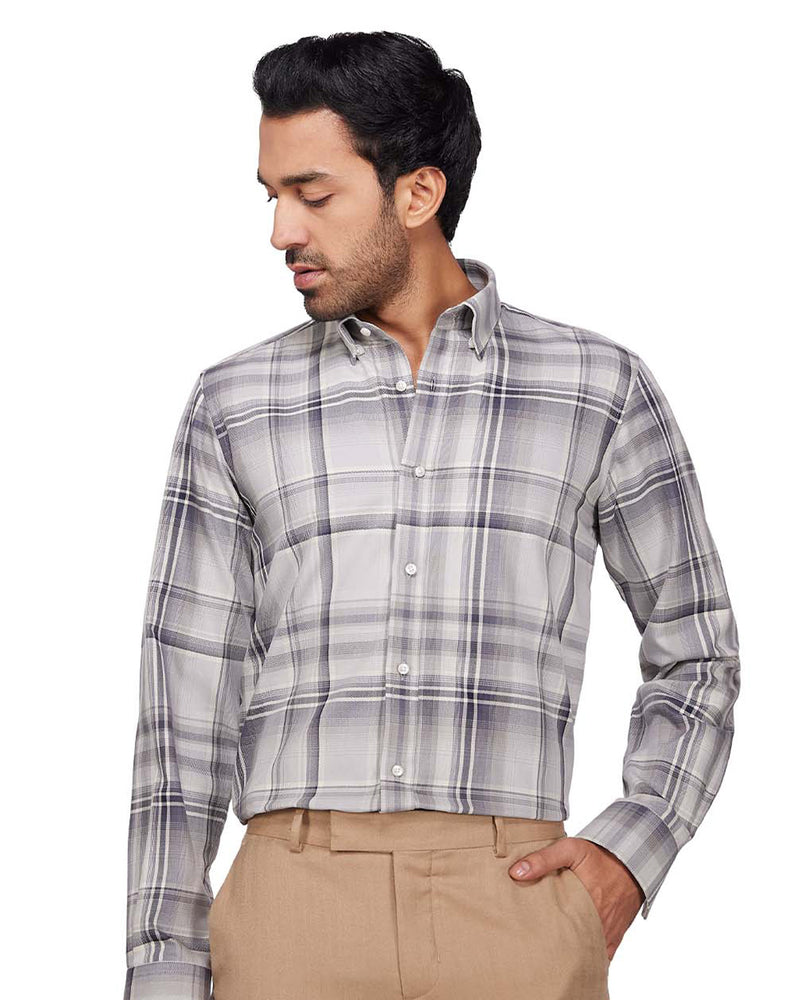 Twill Checked Shirt - Beige & Grey
