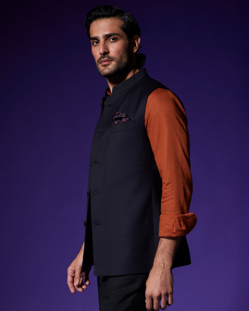Raven Blended Wool Nehru Jacket - Black