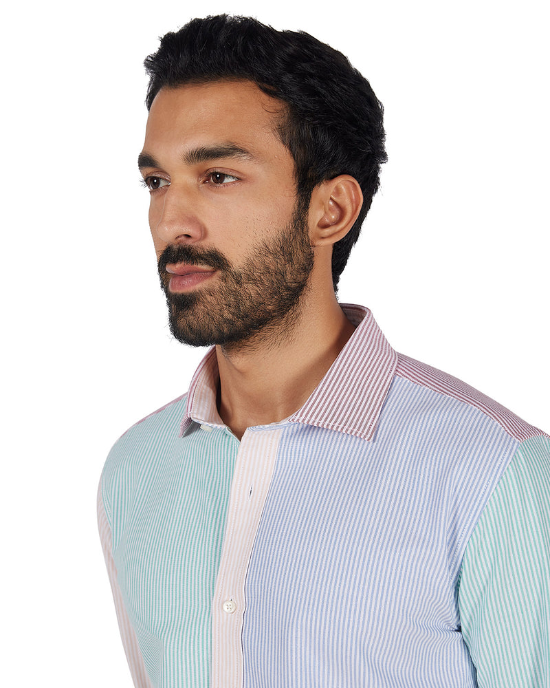 Green Oxford Striped Patchwork Shirt