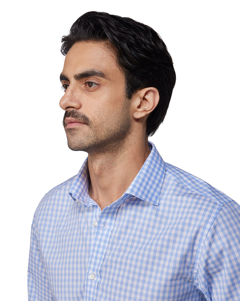 Light Blue Giza Cotton Gingham Checked Shirt