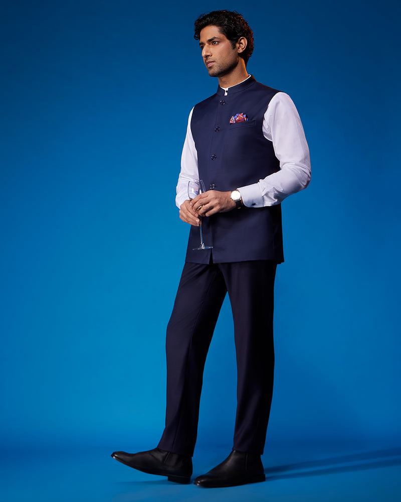 The Valoria Blended Wool Nehru Jacket - Navy