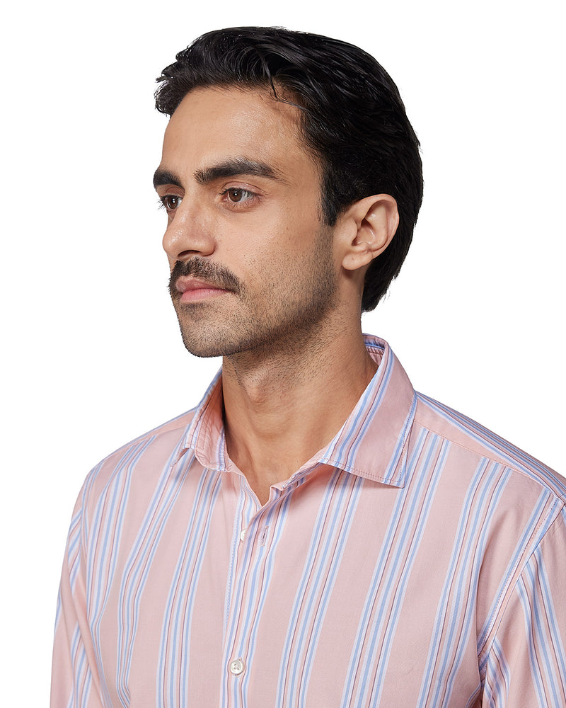 Peach & Blue Cotton Striped Shirt