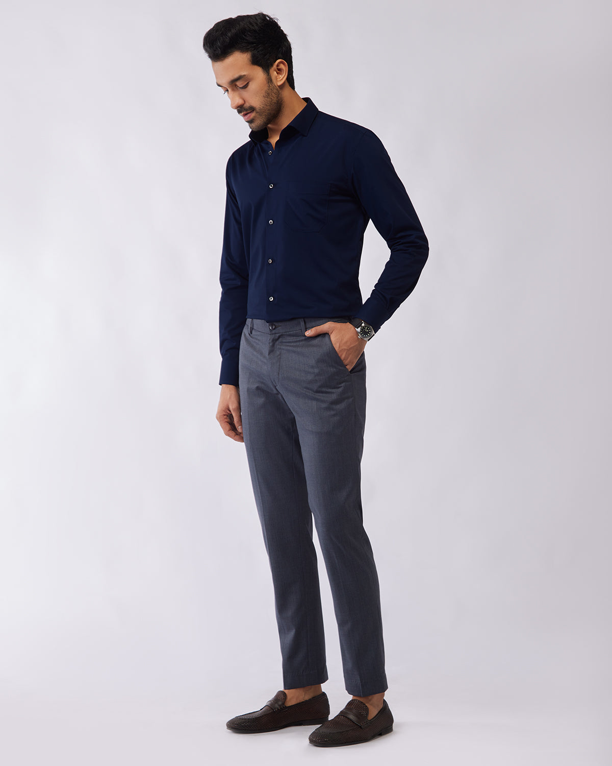Wrinkle-free Bamboo-Blend Twill Shirt - Navy