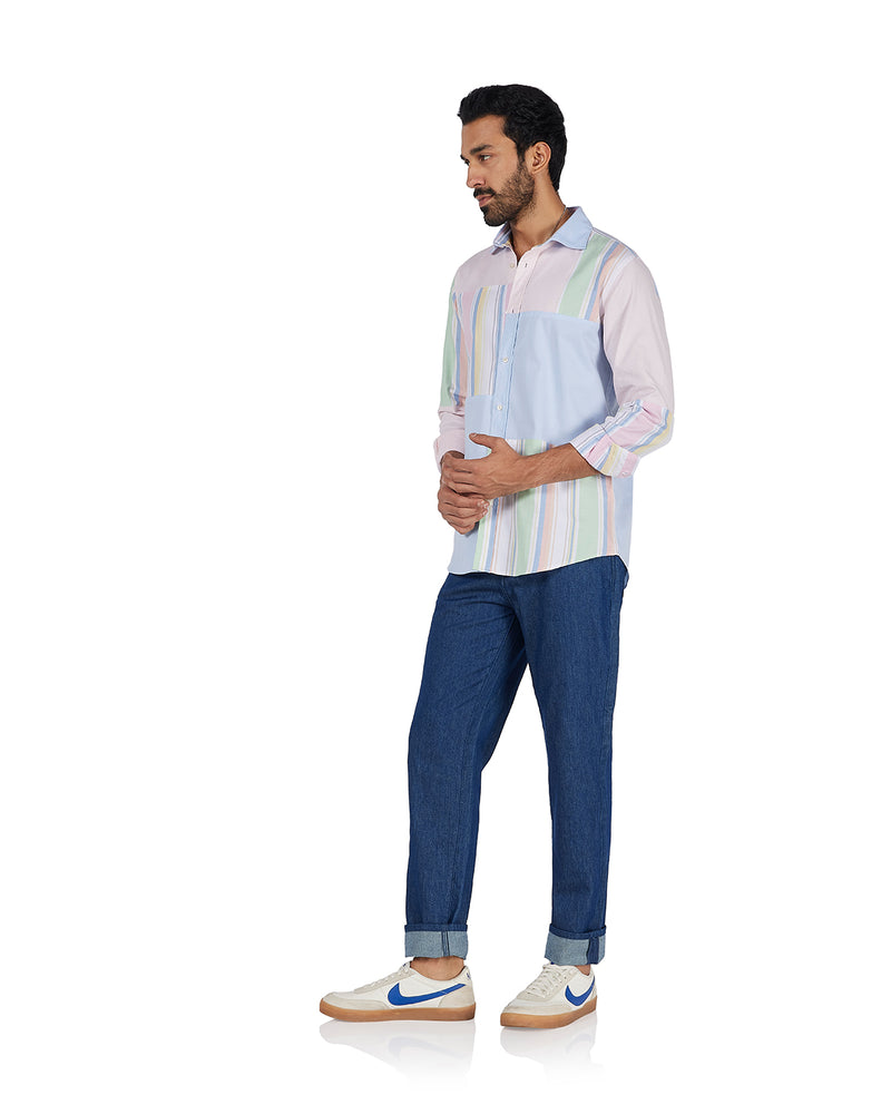 Blue Oxford Striped Patchwork Shirt