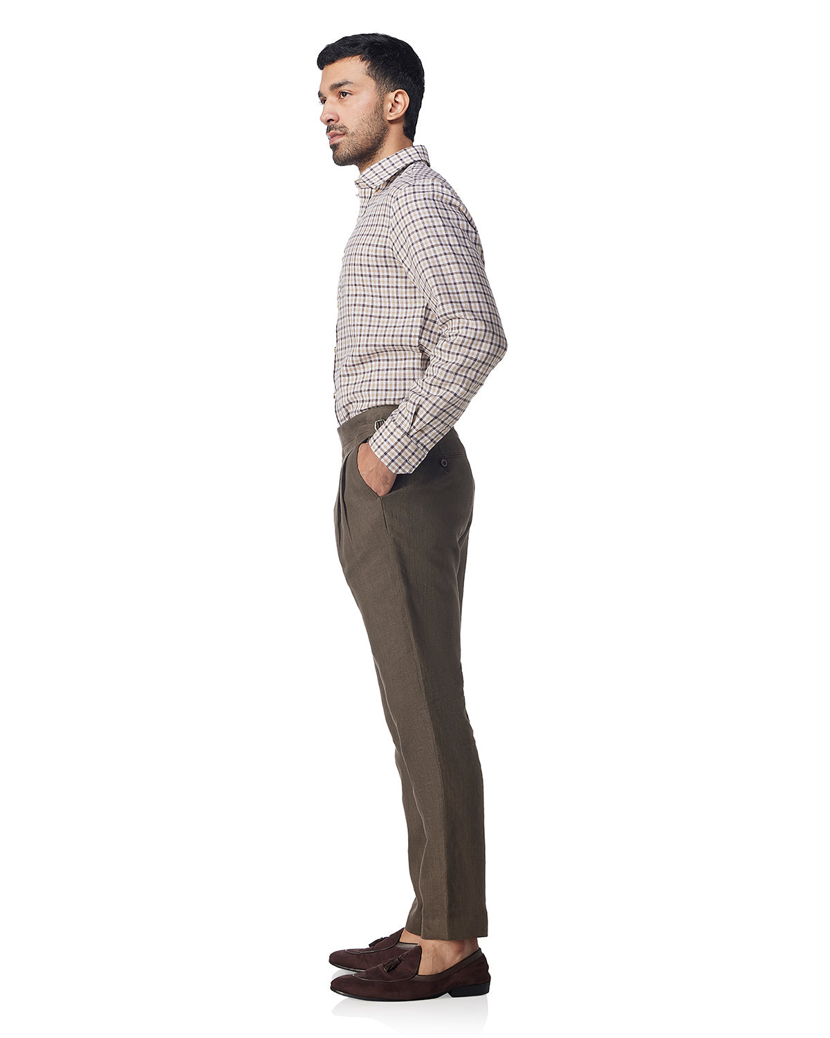 100% Linen Checked Shirt - Brown & Beige