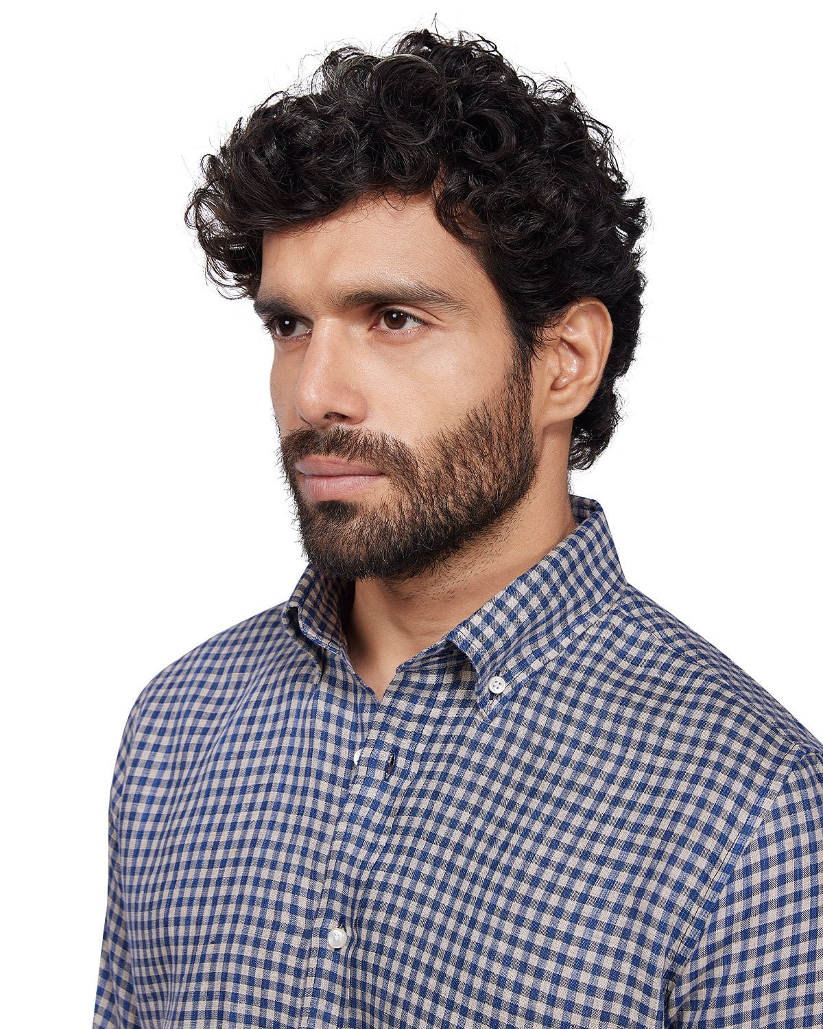 100% Linen Checked Shirt - Blue & Beige
