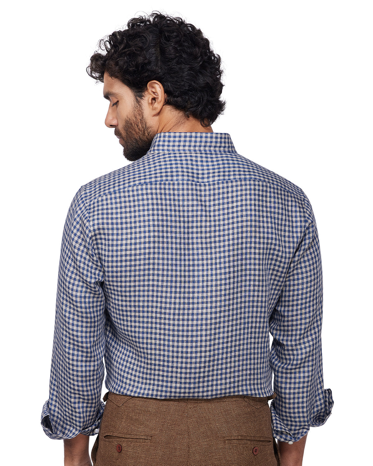 100% Linen Checked Shirt - Blue & Beige