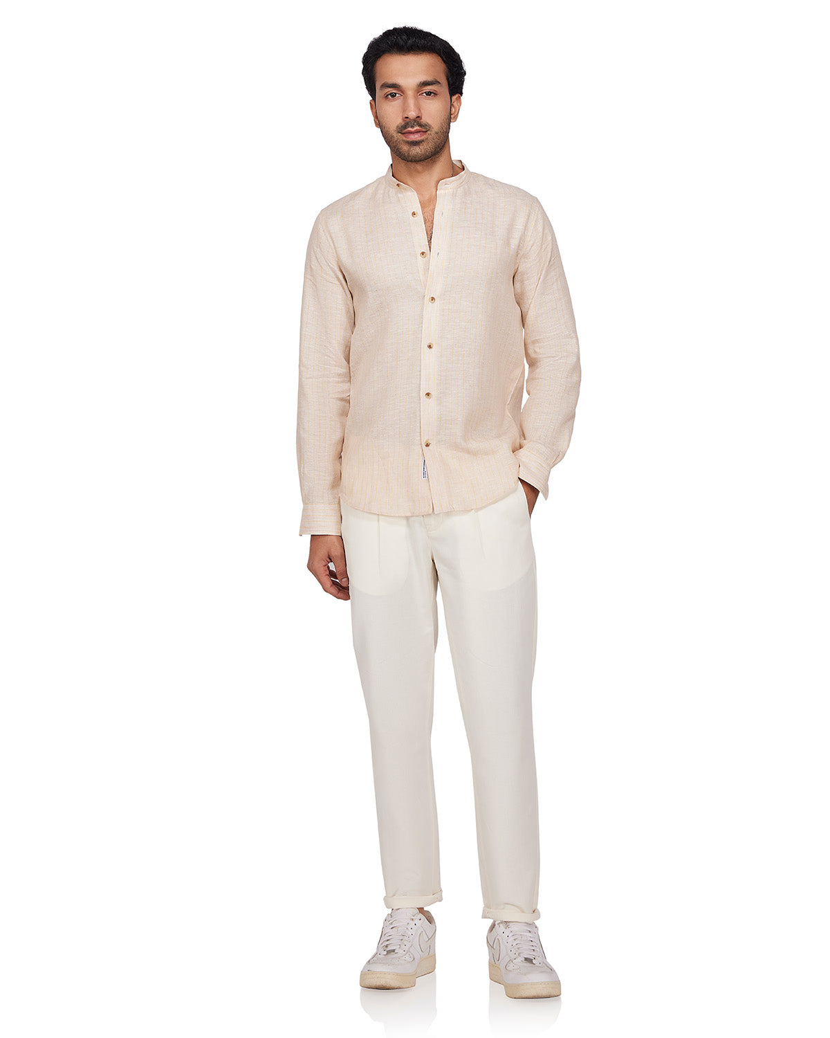 100% Linen Striped Shirt - Beige & Yellow