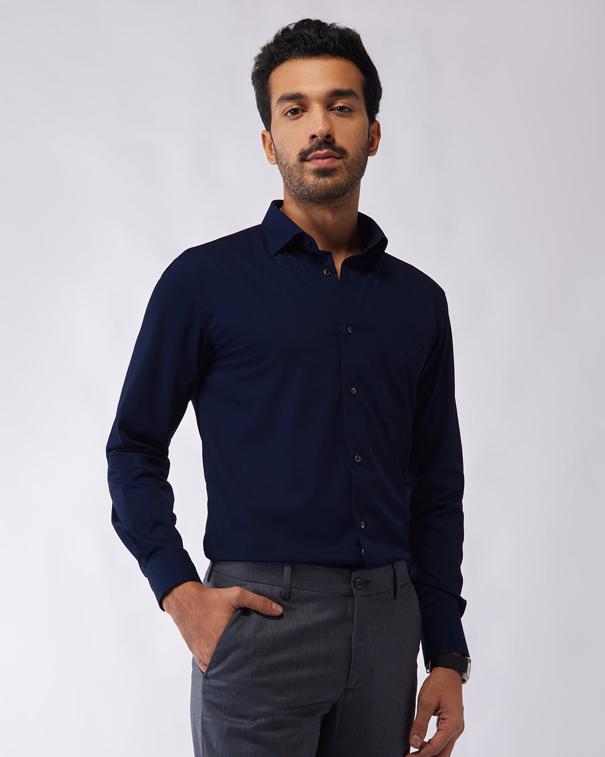 Wrinkle-free Bamboo-Blend Twill Shirt - Navy