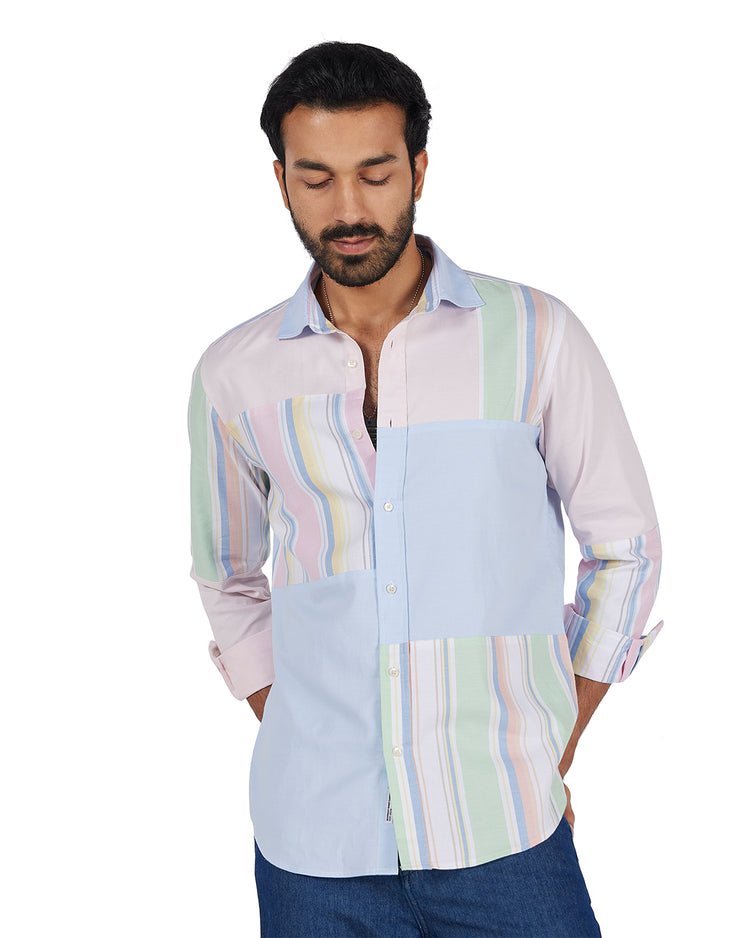 Blue Oxford Striped Patchwork Shirt