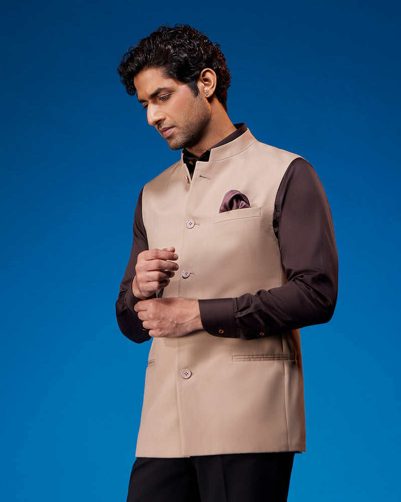 The Valoria Blended Wool Nehru Jacket - Beige