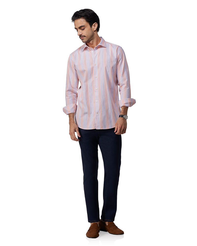 Peach & Blue Cotton Striped Shirt