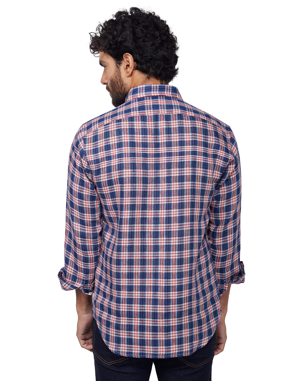 100% Linen Checked Shirt - Blue & Red