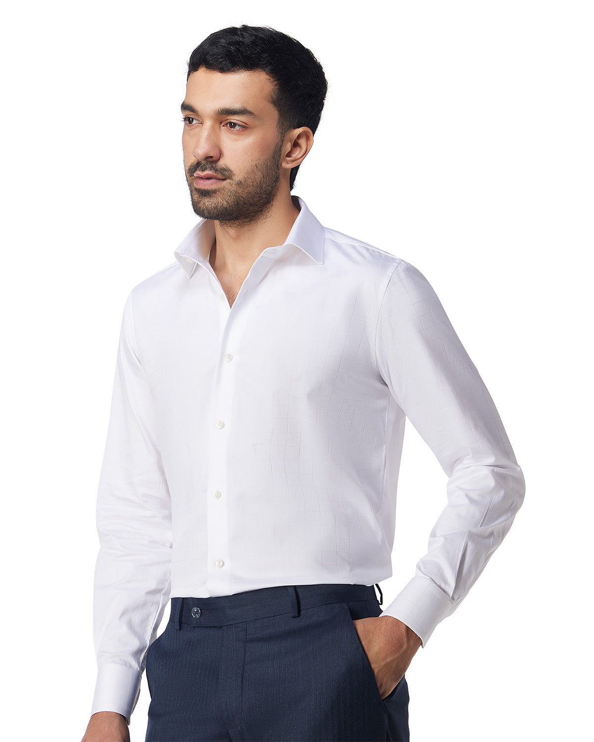 Cotton Self-Checked Dobby Shirt.- White