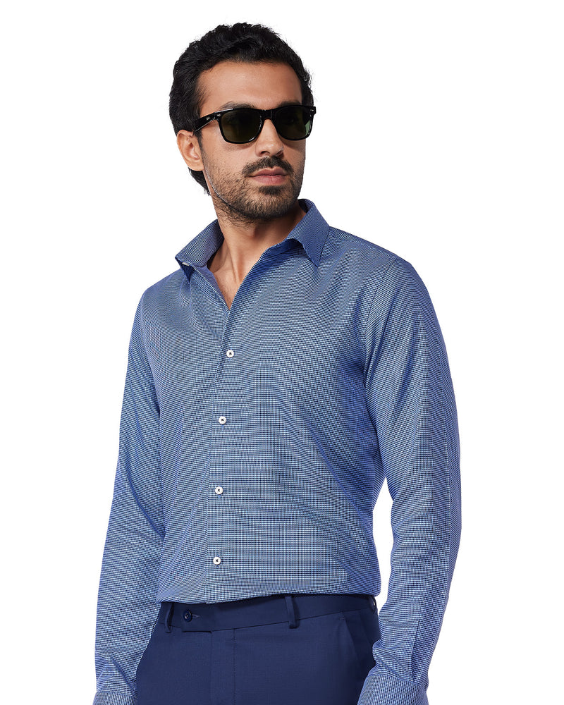 Cotton Dobby Shirt - Dark Blue & White