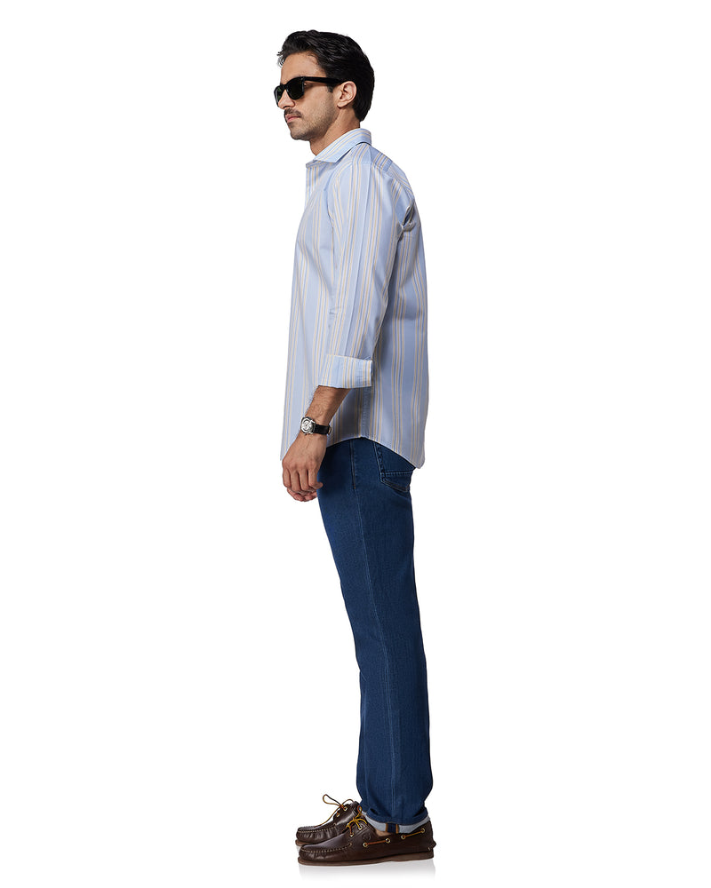 Blue & Yellow Cotton Striped Shirt