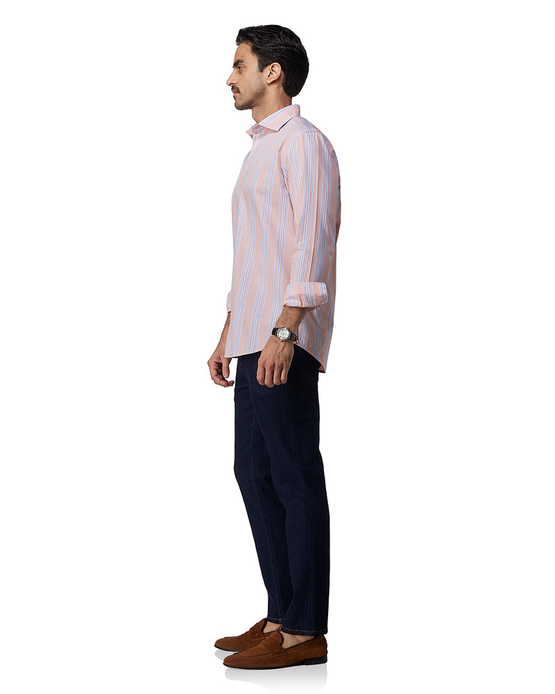 Peach & Blue Cotton Striped Shirt