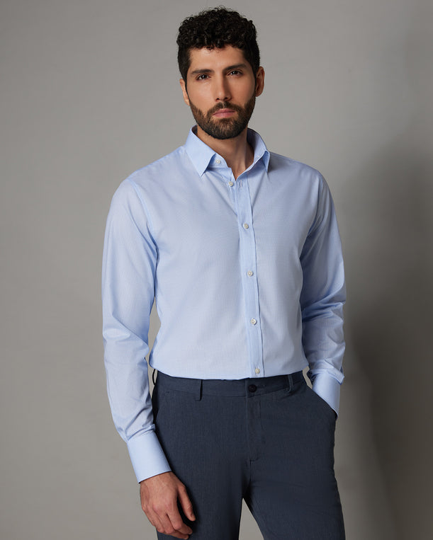 Giza Cotton Micro-Checked Shirt - Light Blue