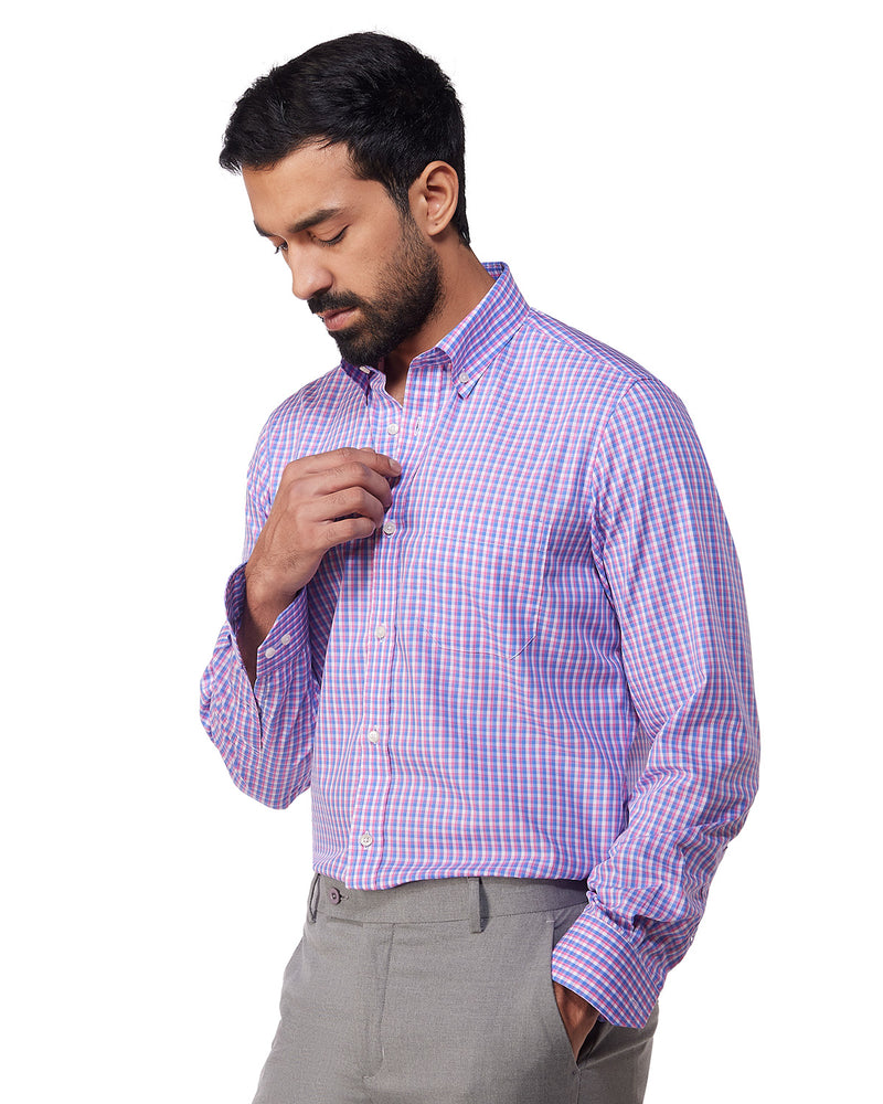 Easy-Care Cotton Checked Shirt - Blue & Pink