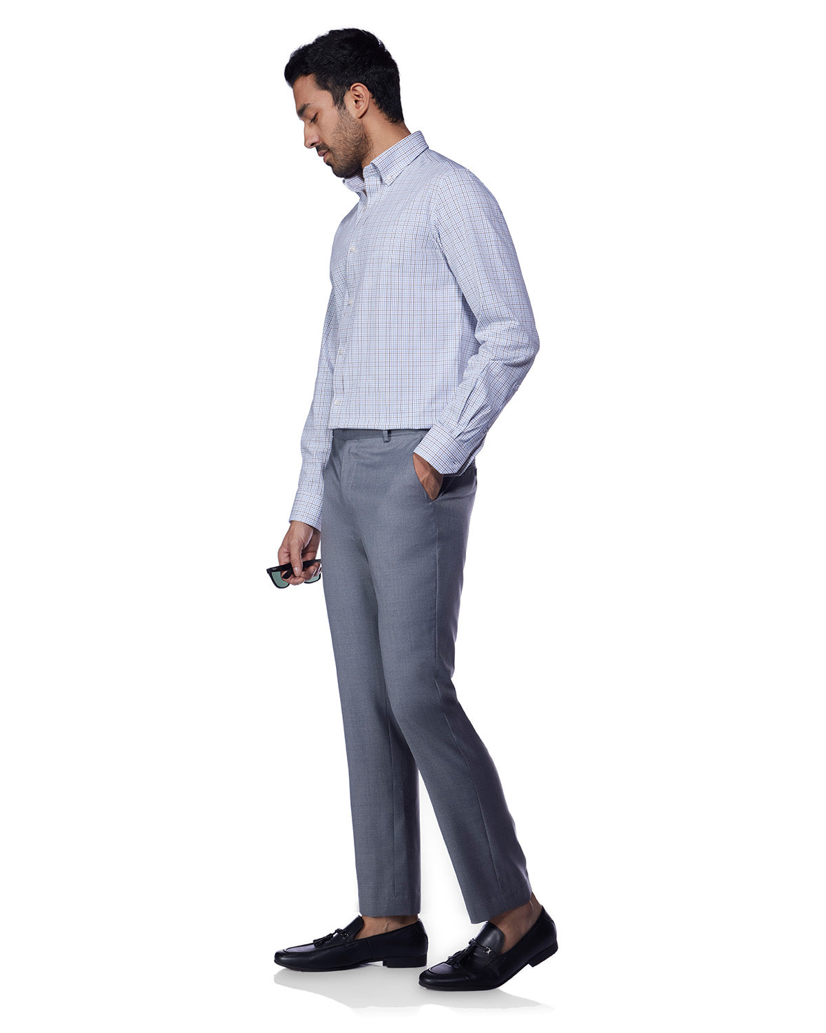 4-Way Stretch Cotton Checked Shirt - Teal & Brown