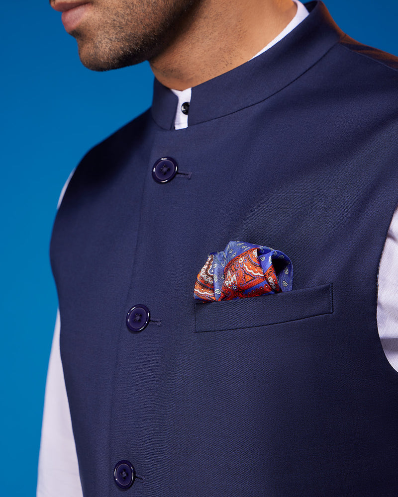 The Valoria Blended Wool Nehru Jacket - Navy