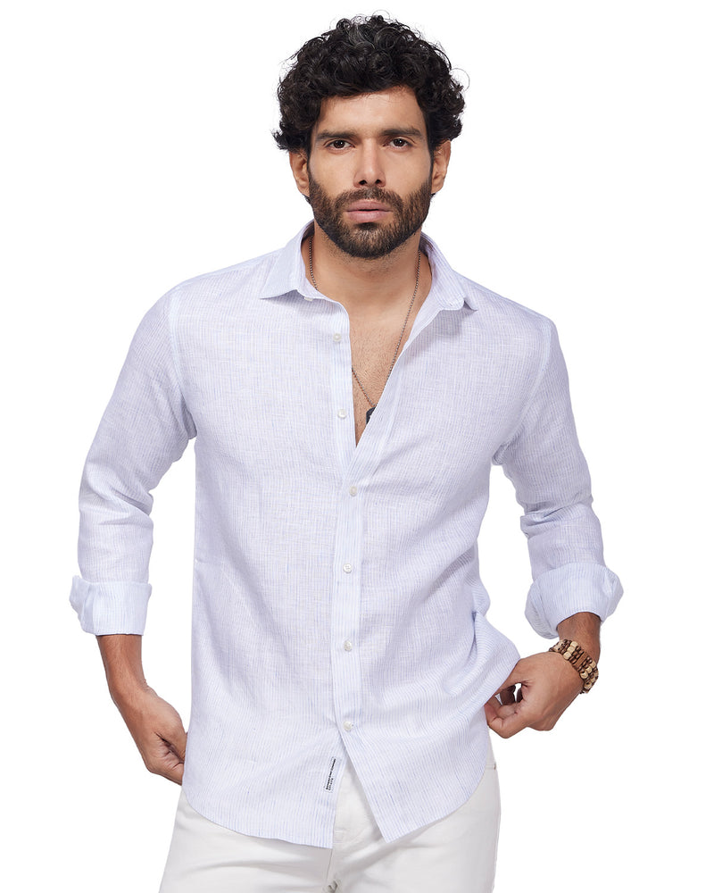 100% Linen Thin Striped Shirt - Blue & White
