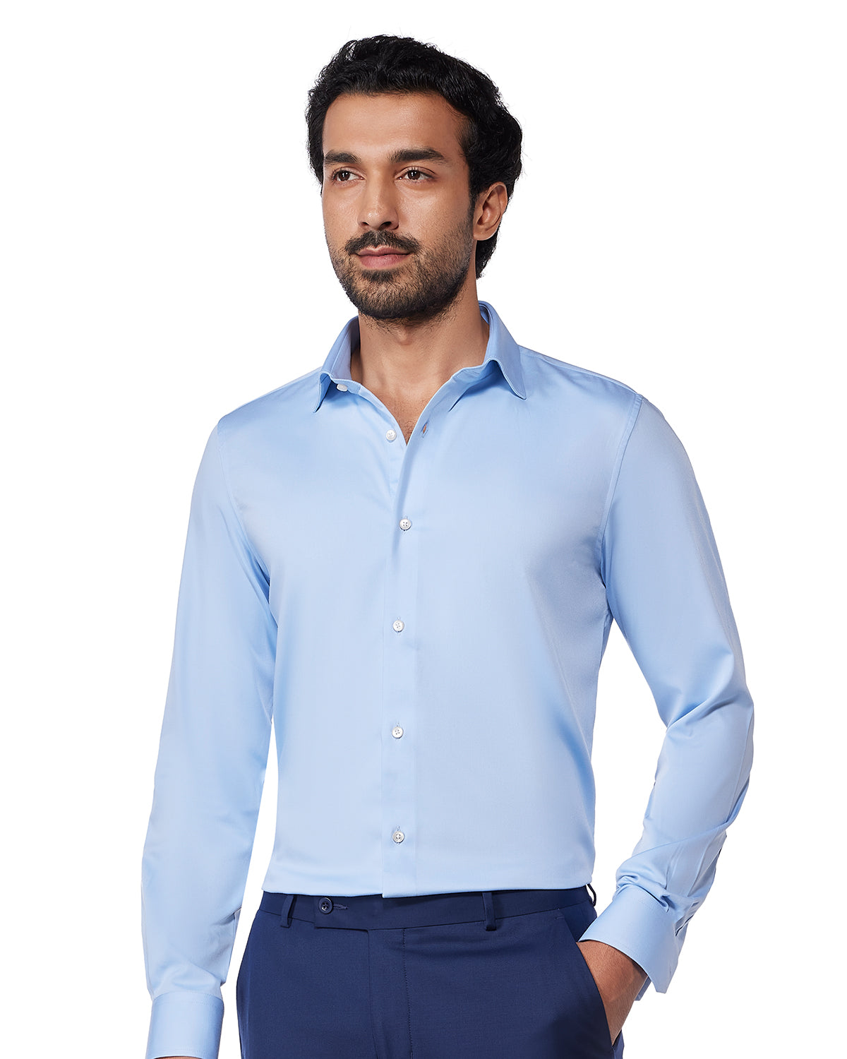 Wrinkle-Free Stretch Satin Shirt - Light Blue