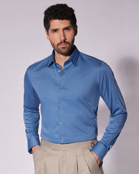 Wrinkle-Free Bamboo-Blend Satin Shirt - Blue