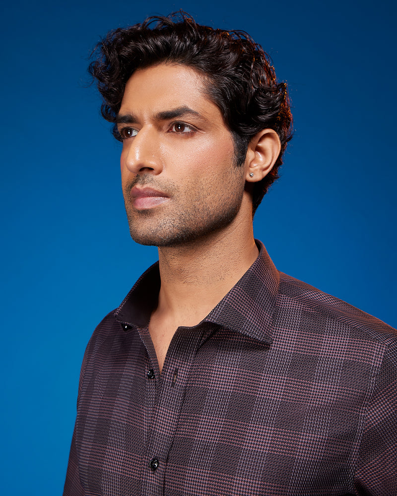 Merlot Grid Dobby Checked Shirt - Maroon