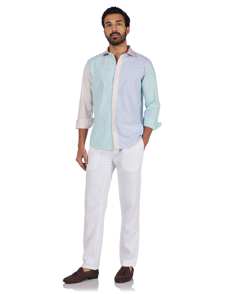 Green Oxford Striped Patchwork Shirt
