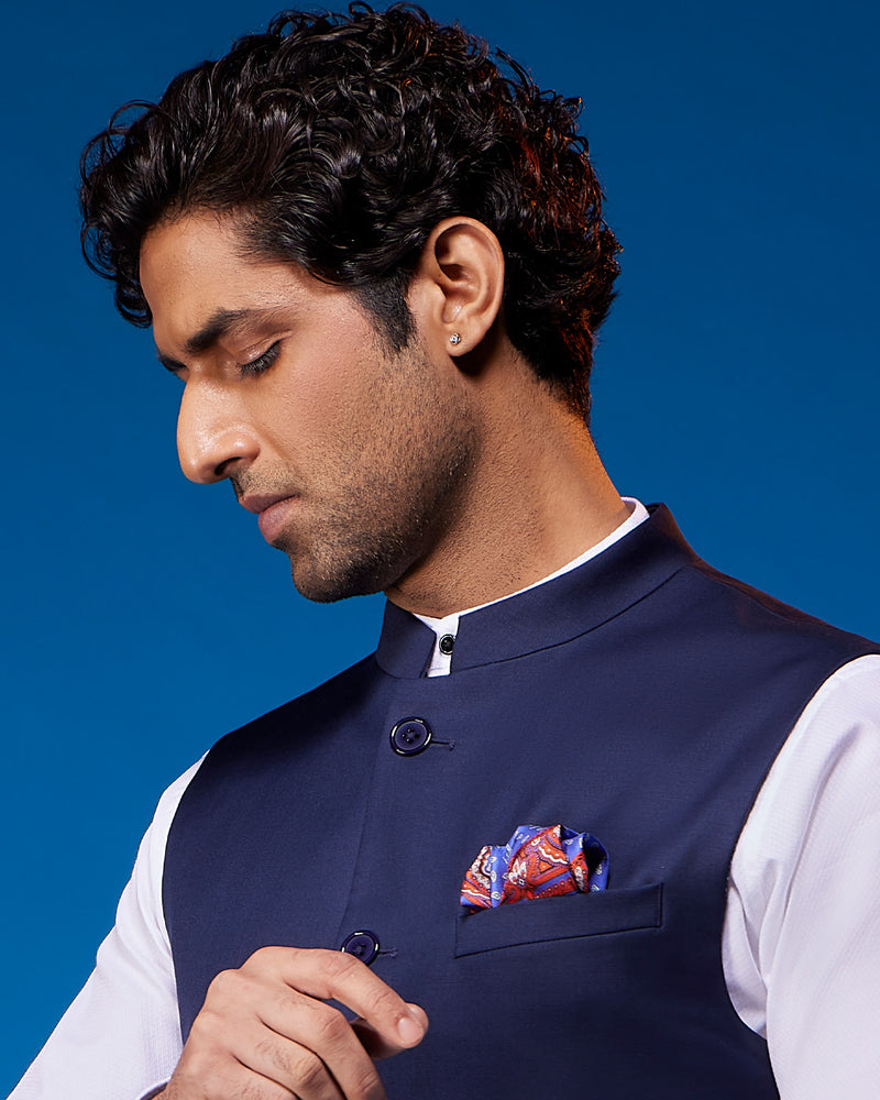 The Valoria Blended Wool Nehru Jacket - Navy