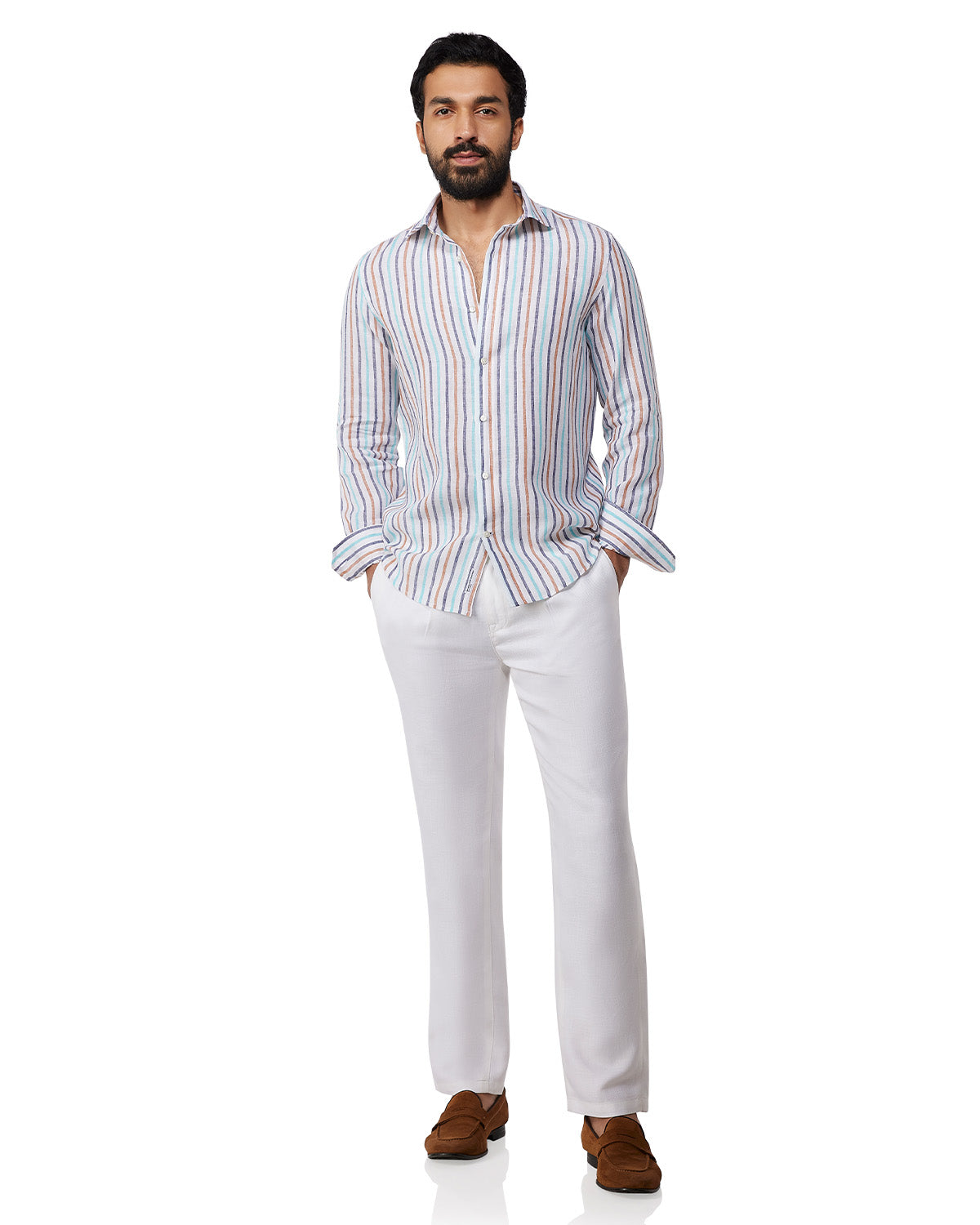 100% Linen Striped Shirt - Blue & Brown
