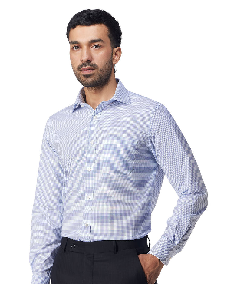Stretch Cotton Checked Shirt - Blue
