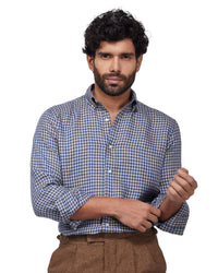 100% Linen Checked Shirt - Blue & Beige