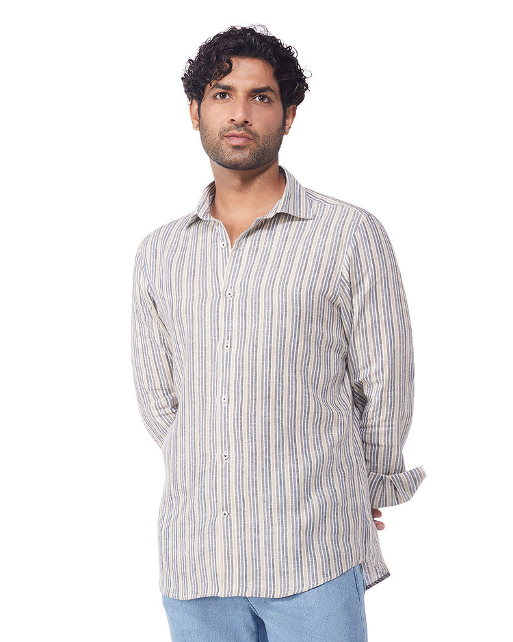 100% Linen Striped Shirt - Brown & Navy