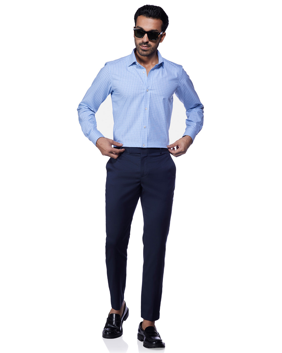 4-Way Stretch Cotton Checked Shirt - Blue