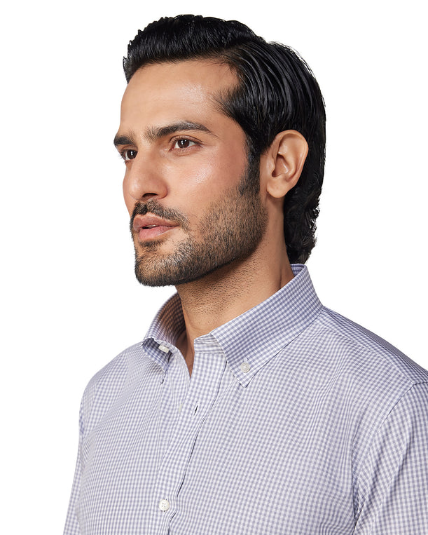 Giza Cotton Gingham Checked Shirt - Grey