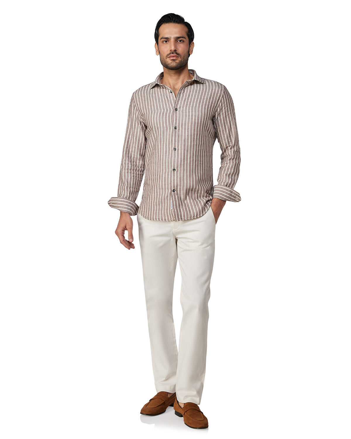 Japanese Double Cloth Striped Shirt - Brown