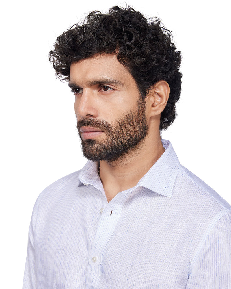 100% Linen Thin Striped Shirt - Blue & White