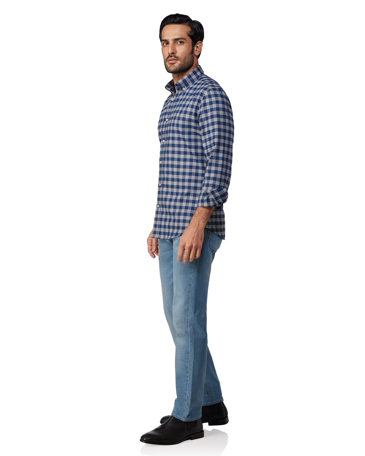 Brushed Herringbone Checked Shirt - Navy & Grey