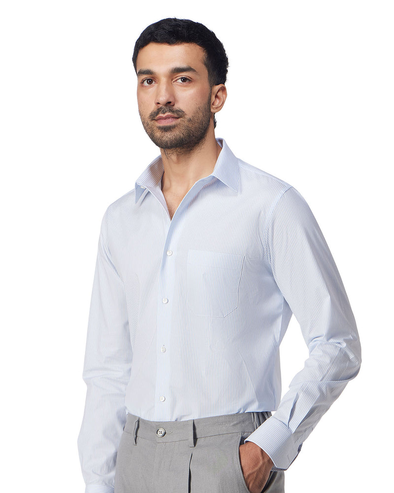 Stretch Cotton Striped Shirt - Light Blue & White