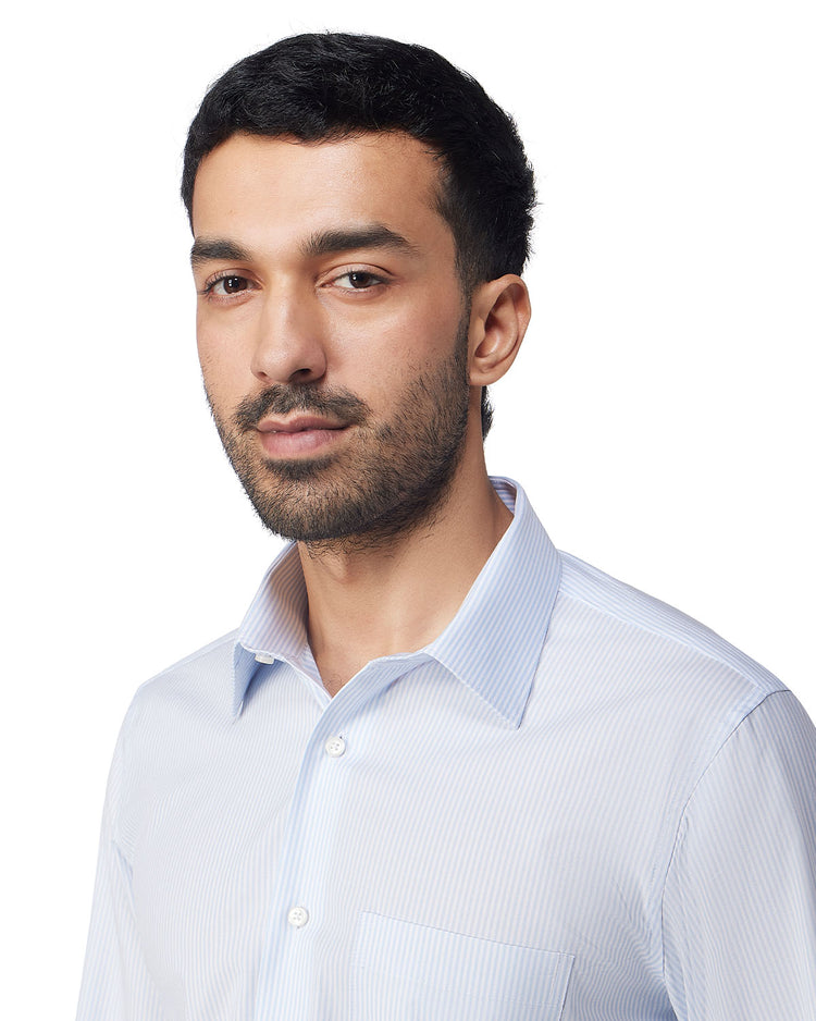Stretch Cotton Striped Shirt - Light Blue & White