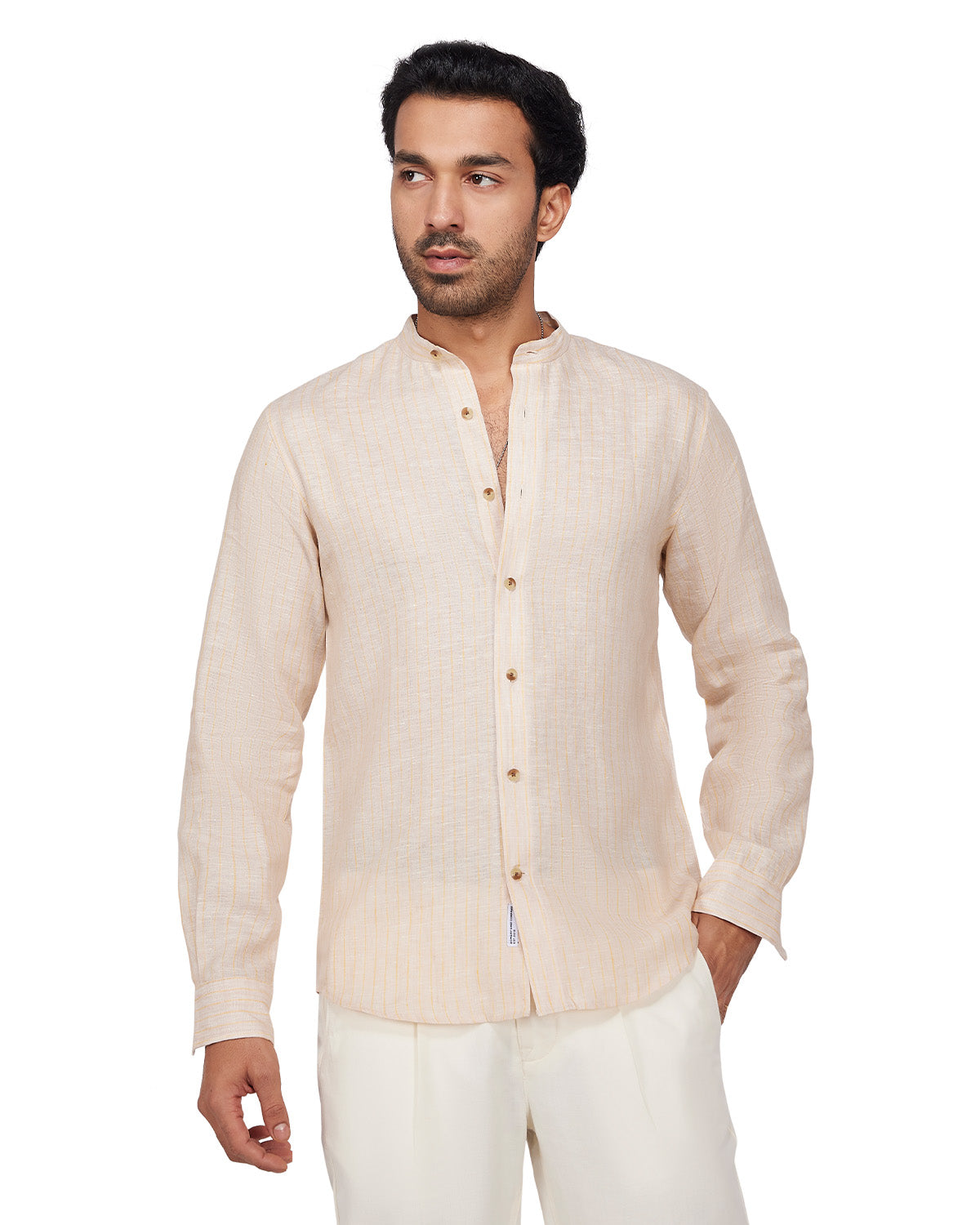 100% Linen Striped Shirt - Beige & Yellow